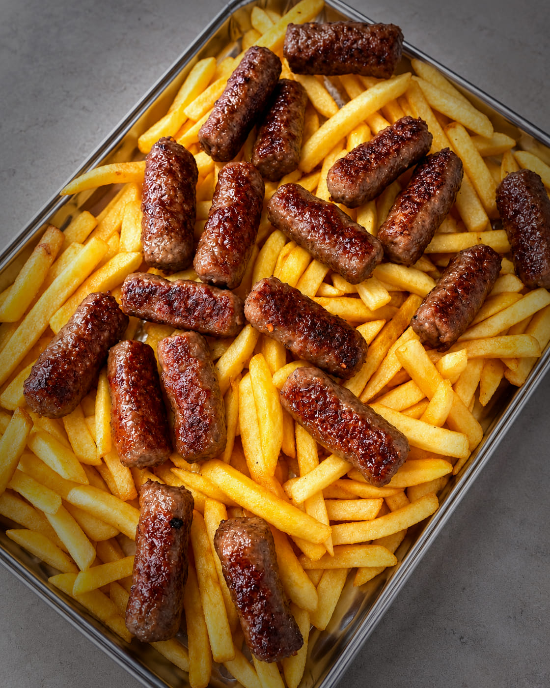 Ćevapi mit Pommes frites in einem Servierblech aus Edelstahl.