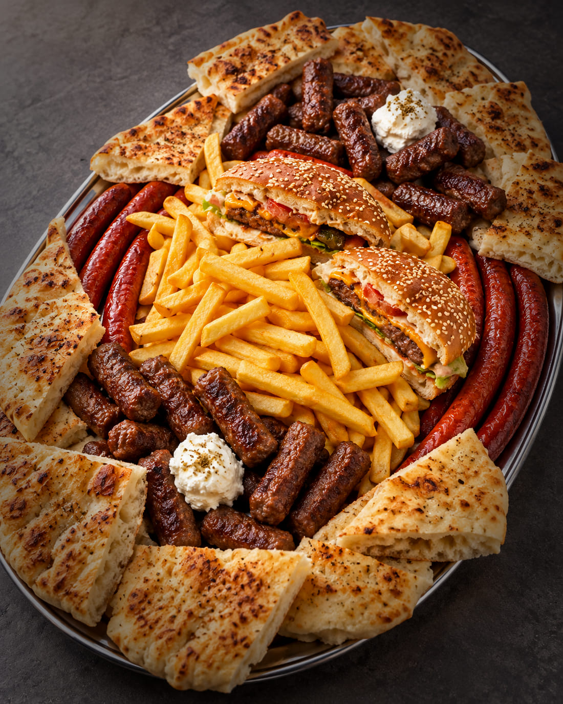 Große Grillplatte mit Ćevapi, Würsten, Pommes und Fladenbrot.