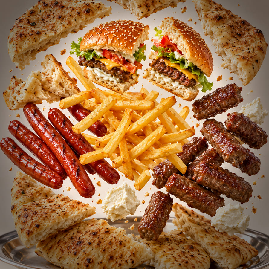 Gemischte Platte mit Burger, Ćevapi, Würsten und Fladenbrot.