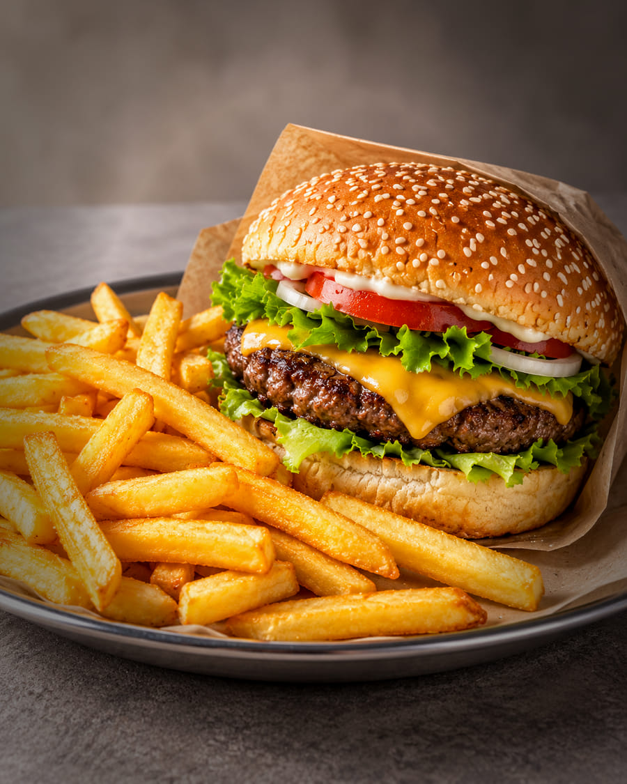 Burger mit Pommes frites auf einem Teller.