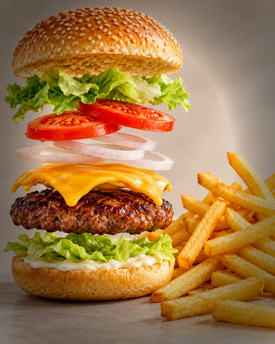 Burger mit Salat, Tomate und Käse neben Pommes frites.