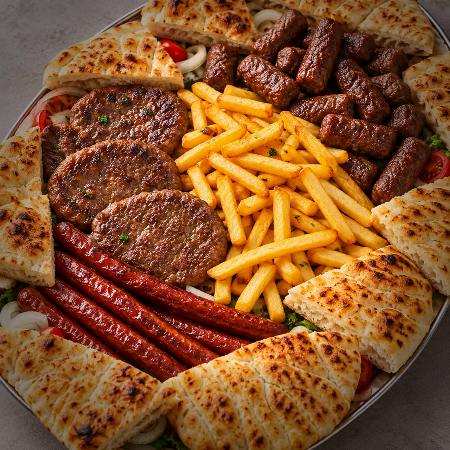 Platte mit Pljeskavica, Ćevapi, Würsten und Fladenbrot.