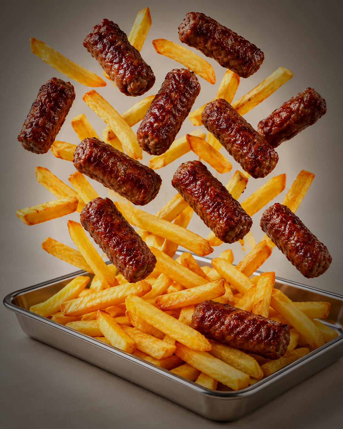 Ćevapi und Pommes frites über einem Servierblech.