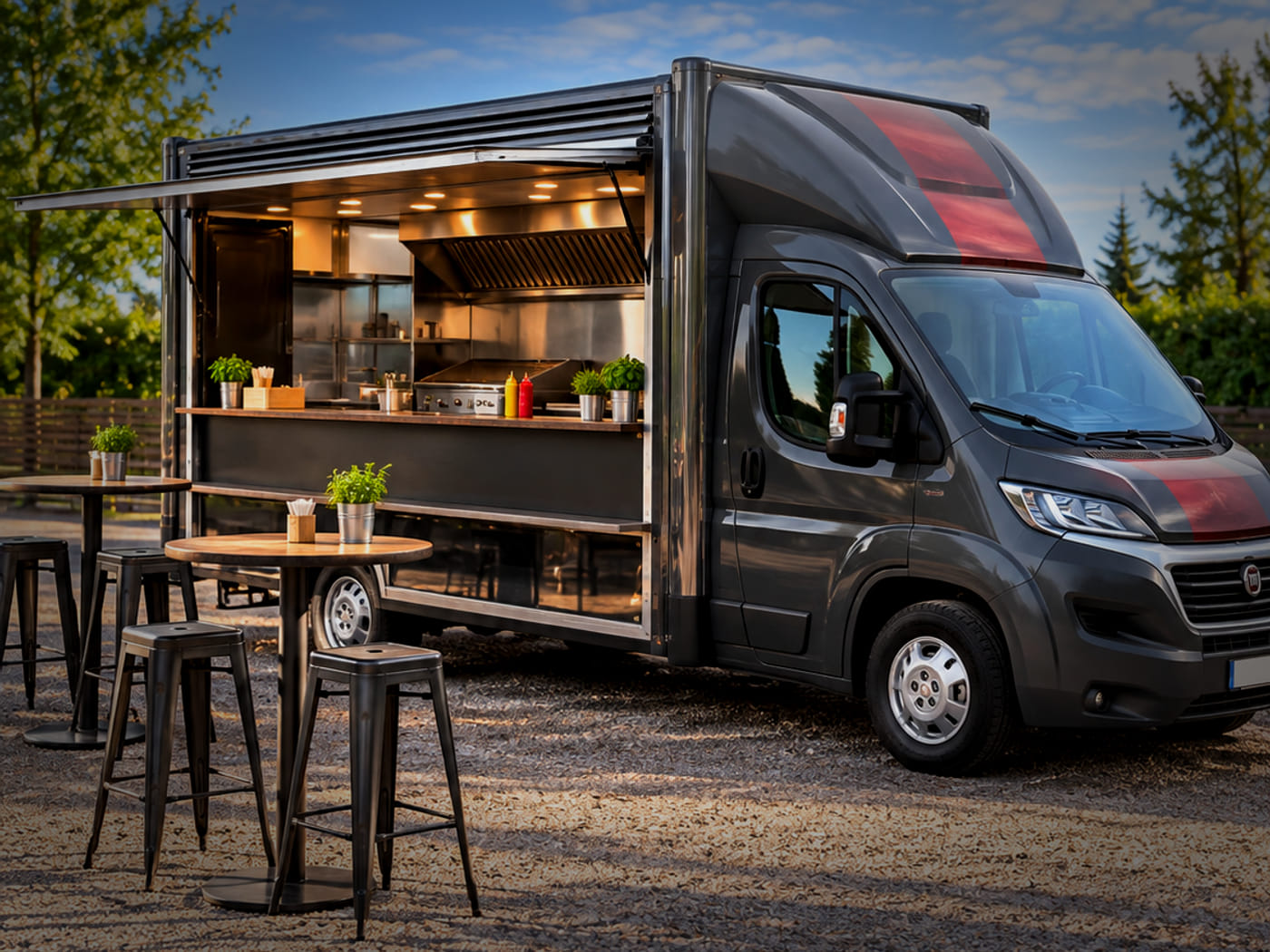 Grillwagen von Gavran mit Sitzplätzen davor.