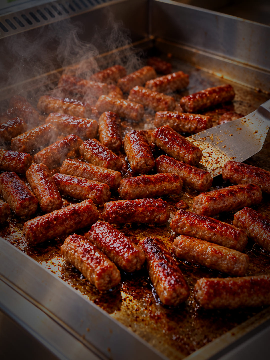 Frisch gegrillte Ćevapi auf der heißen Grillplatte, darüber aufsteigender Dampf.